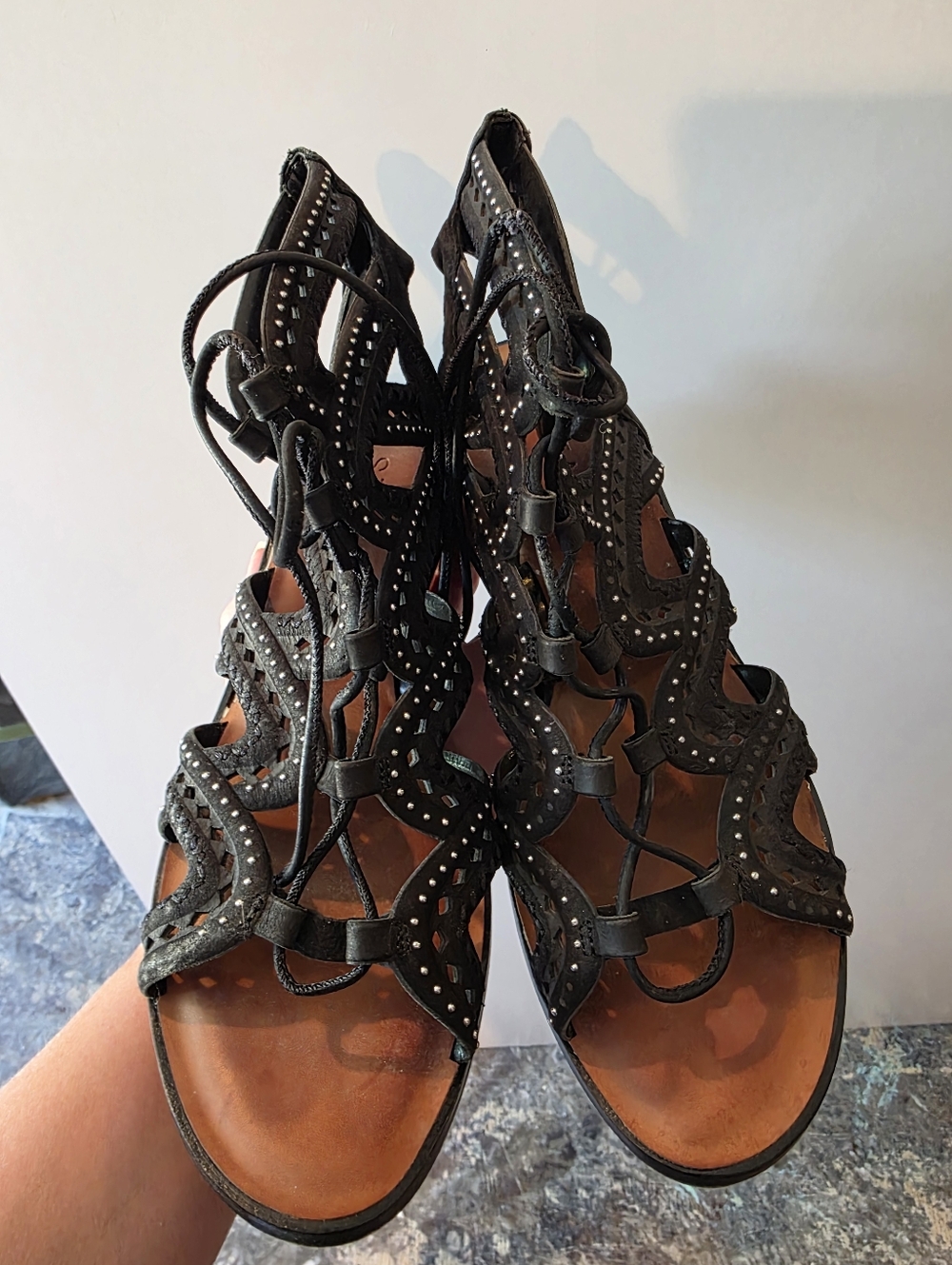 1. Statw Women's Black Lace-Up Cutout Sandals